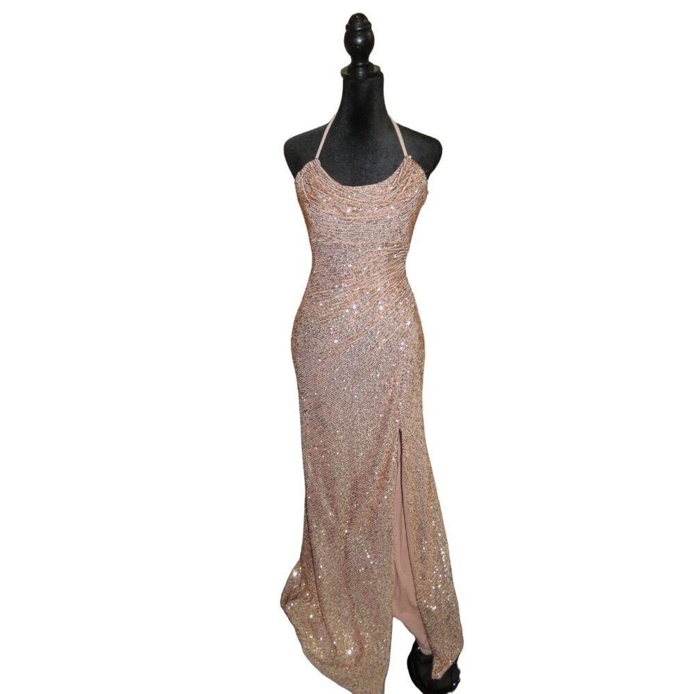 Morgan & Co Gorgeous Gold Sequined Cowl Neck Strappy Evening Gown Dress sz 1